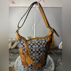 Coach 2007 Bleecker Denim Floral Appliqué Whiskey Leather Flower Bag EUC